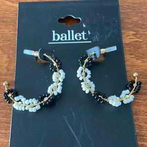 Ballet gold tone hoop earrings with black & white flowers for pierced ears